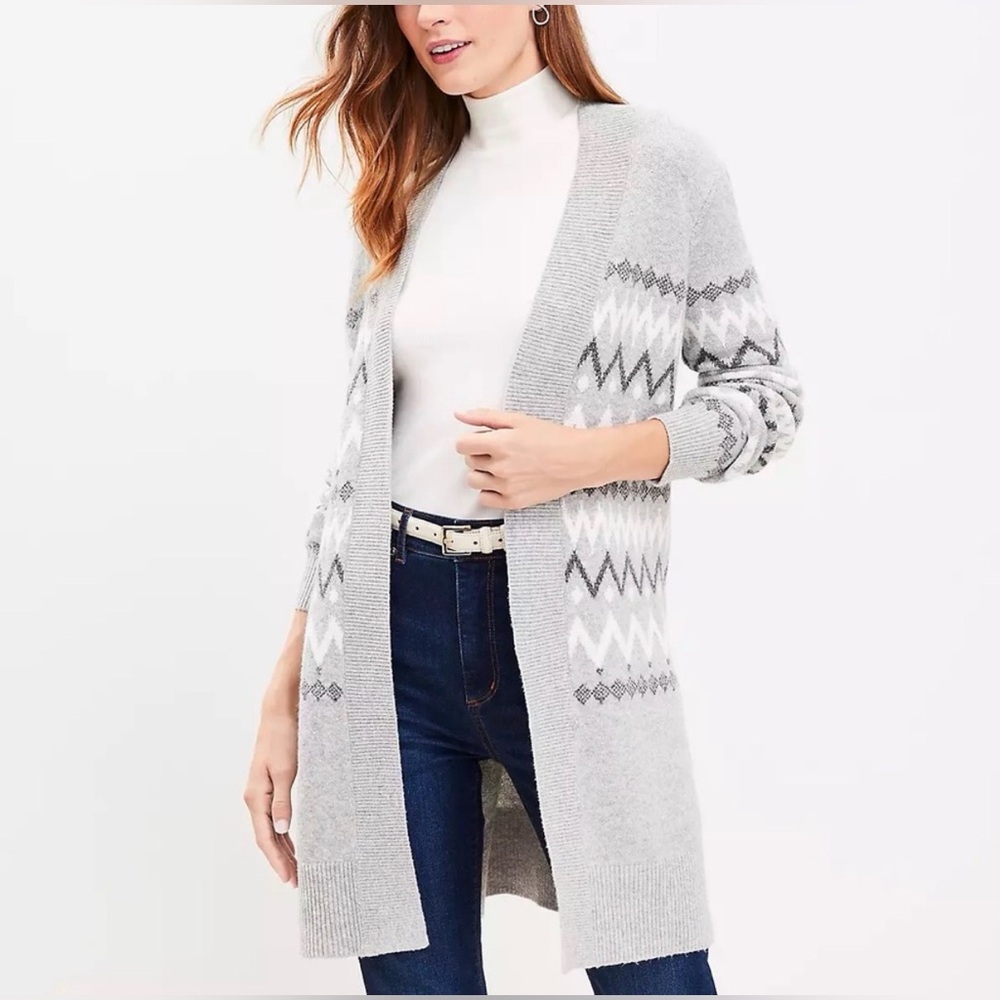 LOFT LONG LENGTH GREY FAIR AISLE PRINT SWEATER CARDIGAN SIZE EXTRA SMALL PETITE